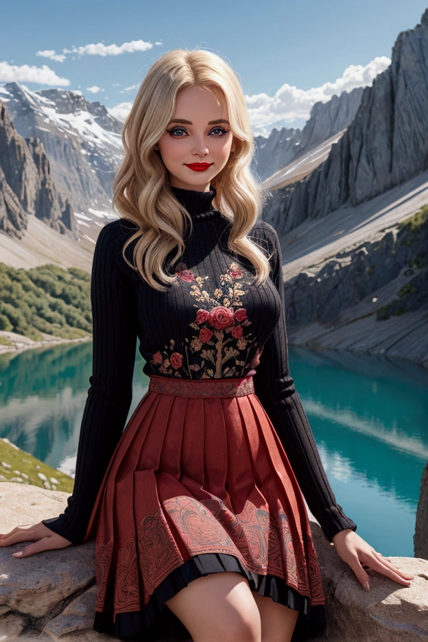 A Blonde Woman With Messy Hair, Pale Skin, & Red Lipstick On A Rock Overlooking A Mountain Valley & Alpine Lake. Wears A Dress With Woodcut Patterns, A Black Knee-Length Pleated Skirt With Blue Embroidery, & A Norwegian Sweater With Rosemaled Designs. Her Face Is Round With Full Features & A Wide Smile, Her Eyes Are Detailed And Wide, & She Poses Dynamically. Digital Painting Is In 4K Ultra HD, Rococo-Inspired Fantasy Art With Intricate Details. She Has A Cute, Charming Expression & A Alluring-Gaze, With Beautiful Blue Eyes & An-Ideal-Hourglass-Figure. Dawn Wells.
