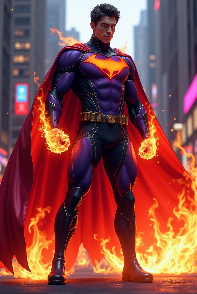 Create a hero with fire powers, purple uniform with black details and a red cape, with the character&#39;s traits, male Nightwing, no bat symbols 