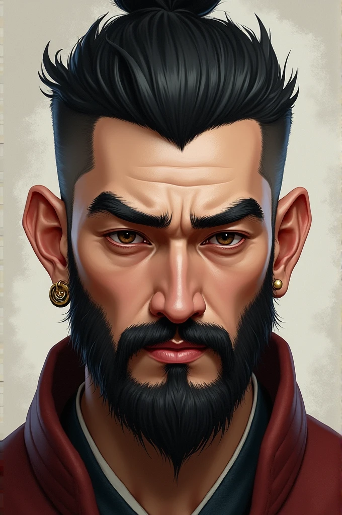 bearded young man, Cao Cao, thick eyebrows, earring in left ear, large nose, eyes downcast and with a little dark circles, eyes browns, shorth hair, razor fade cut, thick pink lips, slightly rounded face.