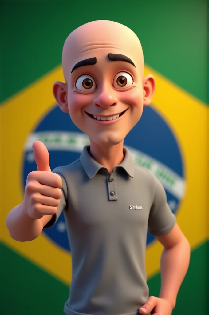 Create an animation-style image of the sandpaper with a bald man smiling, showing his thumb up with the Brazilian flag in the background and wearing a gray collared t-shirt with the words 8 implants written in the right corner 
