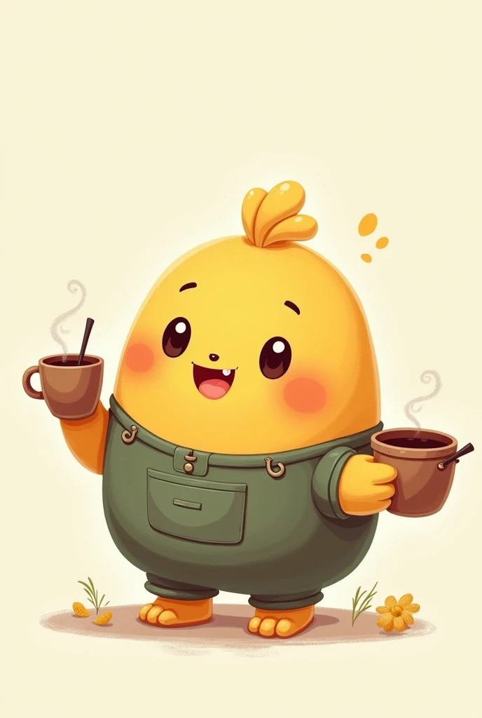 Image of Flork with a pot in one hand and a small cup of panela water in the other hand