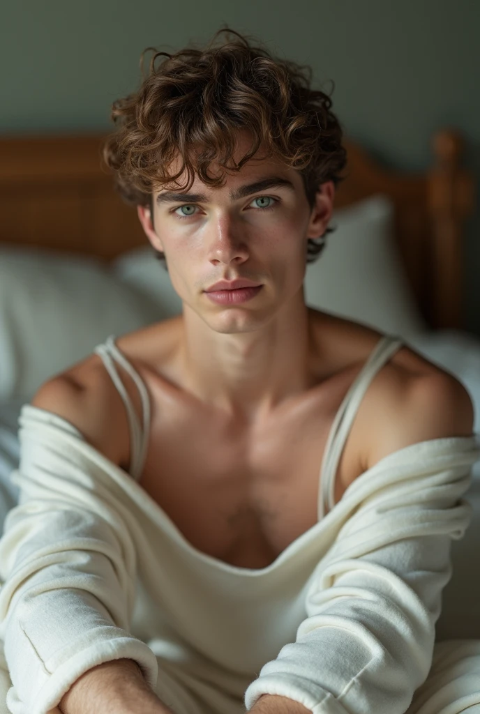 (photorealism:1.2), beautiful man, sitting on bed, wearing loose off-shoulder top, pajama pants, short curly hair, britanic, 20 years old, green eyes, albin skin