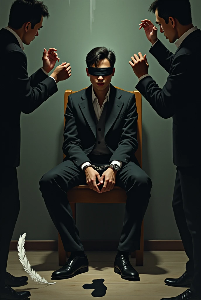 Handsome malay Zarul 19years lawyer
Hefainted
Focus 5toefeet
Shoeless
Hand Handcuff wooden chair
blindfolded
feather on floor
Pair of Blacksock on floor
2 mafia pinch their nose
Smelly feet

