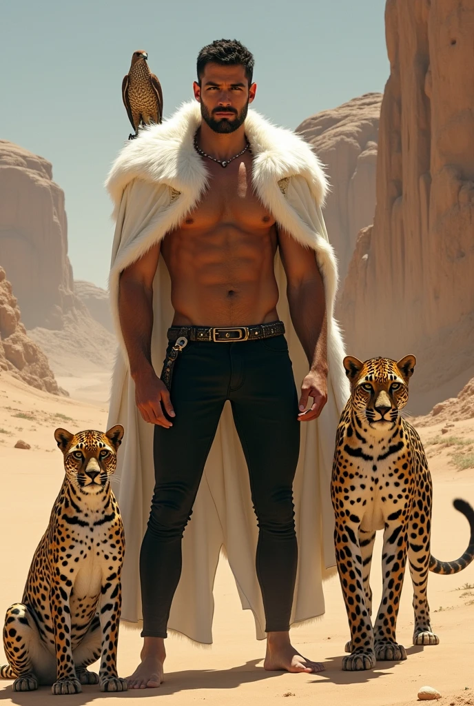 A handsome man with no shirt on, wearing black skinny pants, white fur, in the desert with a falcon and two leopards