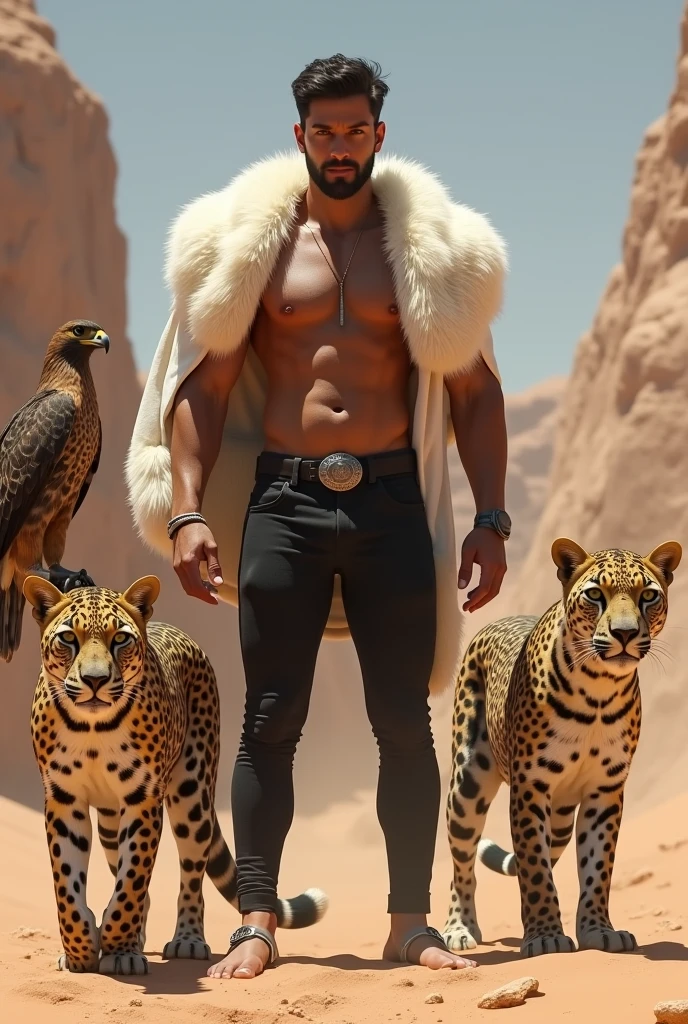 A handsome man with no shirt on, wearing black skinny pants, white fur, in the desert with a falcon and two leopards