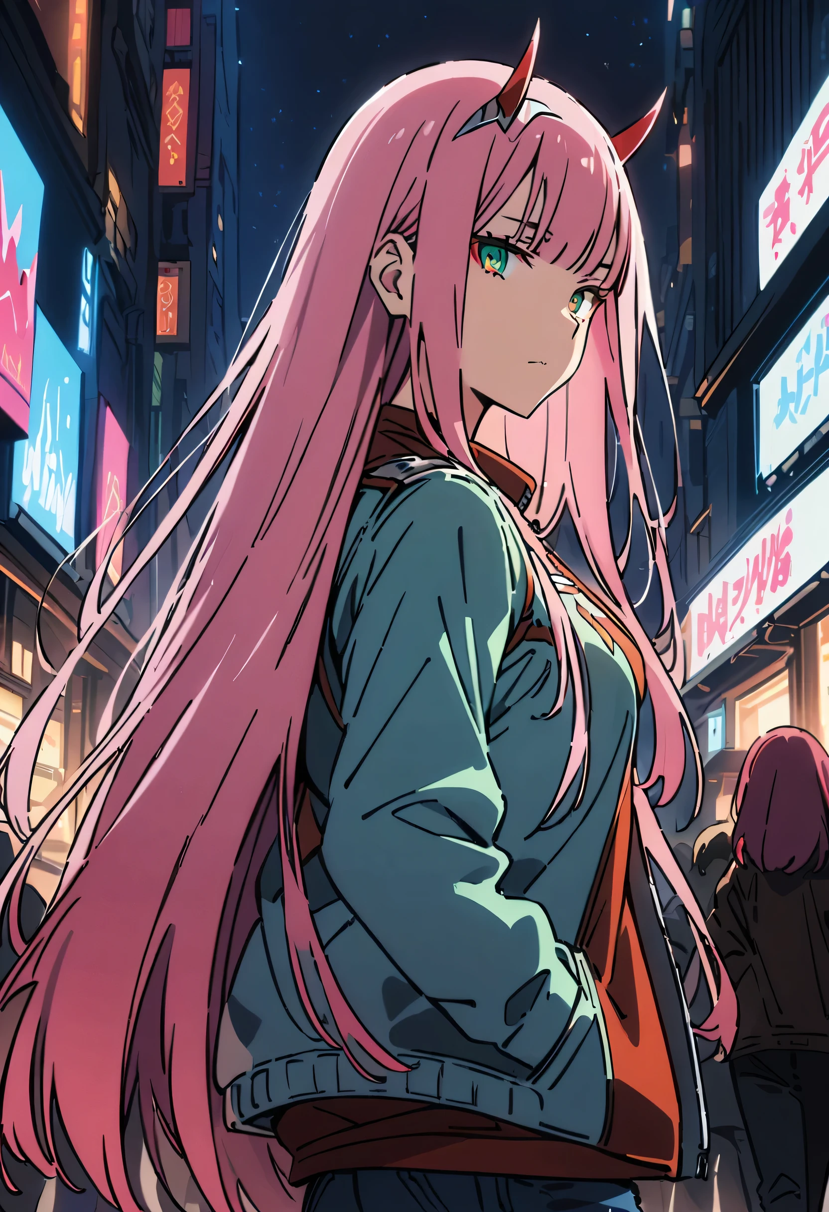 ((best quality)),((highly detailed)),masterpiece,absurdres,detailed face,beautiful face,((detailed eyes, deep eyes)),(1girl),((dynamic pose)), Zero_Two, green eyes, pink hair, horns, bangs, straight hair, closed mouth, medium breasts, shiny hair, makeup, oni horns, eyeshadow, very long hair, blunt bangs, jacket, walking, at night, (eyes looking away from the viewer:1.3, looking away from viewer:1.3), ripped jeans, hands in pocket, nighttime, city streets, neon signs, crowd behind,
