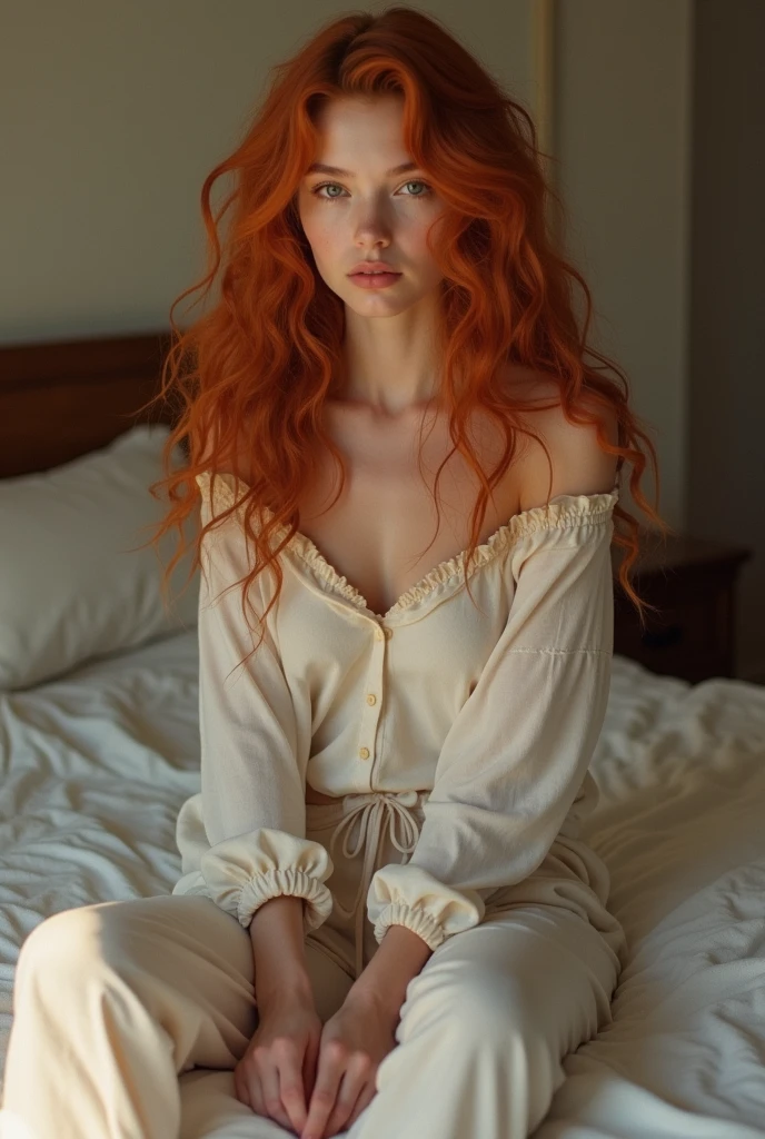 beautiful woman, sitting on bed, wearing loose off-shoulder top, pajama pants, long curly red hair