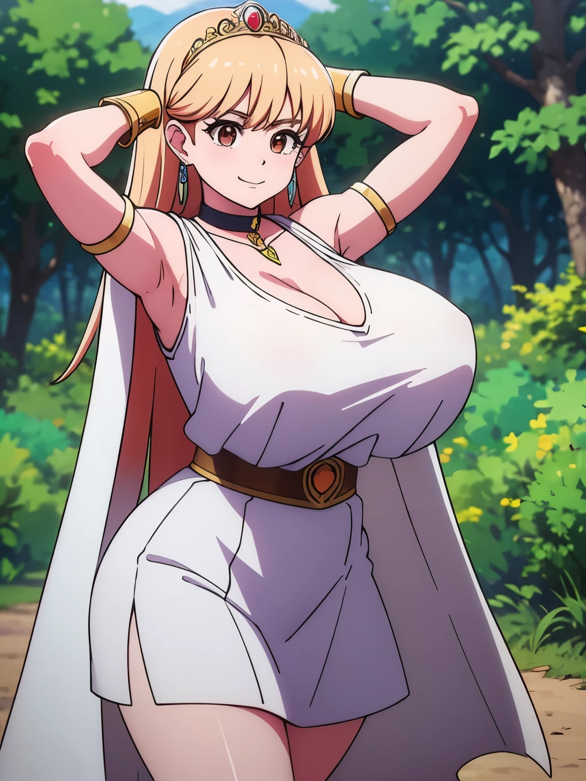 (masterpiece, highest quality:1.2), Ultra-high resolution), RAW Photos, Professional Lighting, Cinema Lighting, (1girl), Leona, Dragon Quest:dai no daibouken, (blonde, Long Hair, Brown eyes, tiara, hair ornaments, bangs), ((earrings, brass Circlet, choker, white cape & cloak, sleeveless white cardigan, green short dress, torn white knee high socks, golden bracelet)), (((ultra large natural breasts, Super huge tits, Super huge boob, Super huge cleavages))), (nature, grasses, rocks, trees, lake, sky, mountain view), detailed face, detailed eyes, clear & fine eyes, full body shot, standing, half smile, 