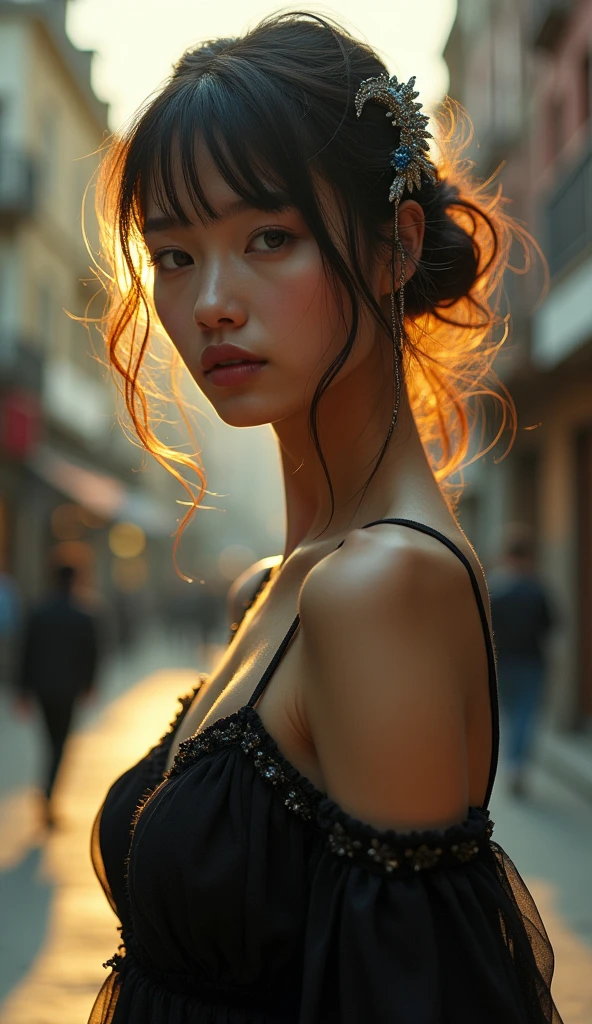 (кинематографическое фfromо:1.3) from (Фfromографии до бедер:1.3),(skinny:1.3) ((croptop, Navel)) Beautiful girl, (complex hair), very detailed texture кожи, realistic texture кожи, смfromрит прямо в камеру, (смfromрит на зрителя) ), pout, , Dreamy, City street, elegant, strange, Gentle, very detailed, difficult, Цифровая фfromография UHD, fantasy theme, skinny shoulders, Фfromо до колен , beautiful young girl, big, beautiful body, highly detailed full-length shot, Dreamy, , strange, Gentle, hair ornament , very detailed texture, realistic texture, , очень детальное фfromо, ,, свет золfromого часа,