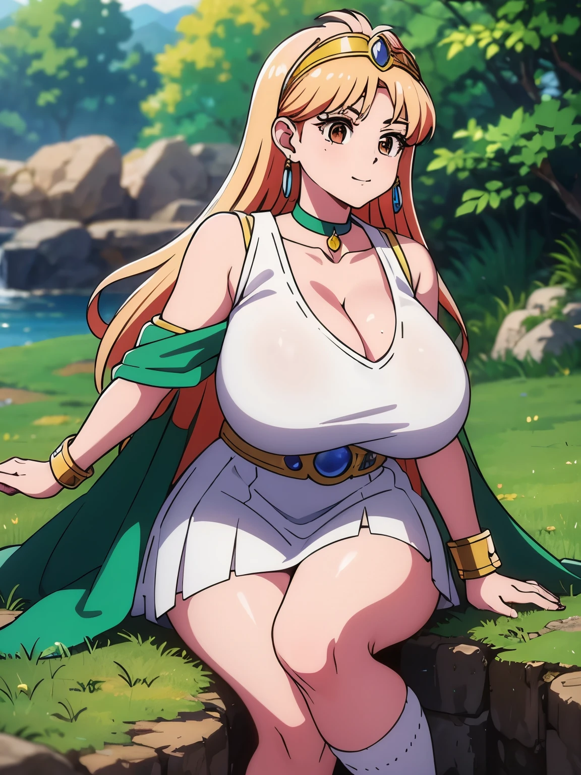 (masterpiece, highest quality:1.2), Ultra-high resolution), RAW Photos, Professional Lighting, Cinema Lighting, (1girl), Leona, Dragon Quest:dai no daibouken, (blonde, Long Hair, Brown eyes, tiara, hair ornaments, bangs), ((earrings, brass Circlet, choker, white cape & cloak, sleeveless white cardigan, green short dress, torn white knee high socks, golden bracelet)), (((ultra large natural breasts, Super huge tits, Super huge boob, Super huge cleavages))), (nature, grasses, rocks, trees, lake, sky, mountain view), detailed face, detailed eyes, clear & fine eyes, full body shot, standing, half smile, 