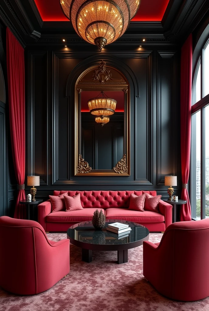 Luxurious and large living room in red and black colors 