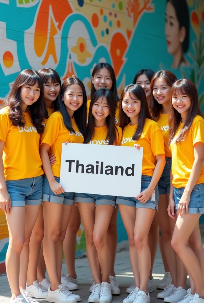 Group photo of Asian female models wearing colorful T-shirts with the words "
"Love" Short skirt, white shoes, holding a white sign with black letters saying "Thailand", The background is a wall sprayed with Thailand. She smiles brightly., This picture is vibrant with colors, the sunlight shines brightly.