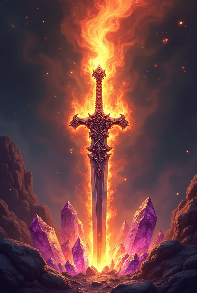 Image of a sword covered in fire with crystals around it