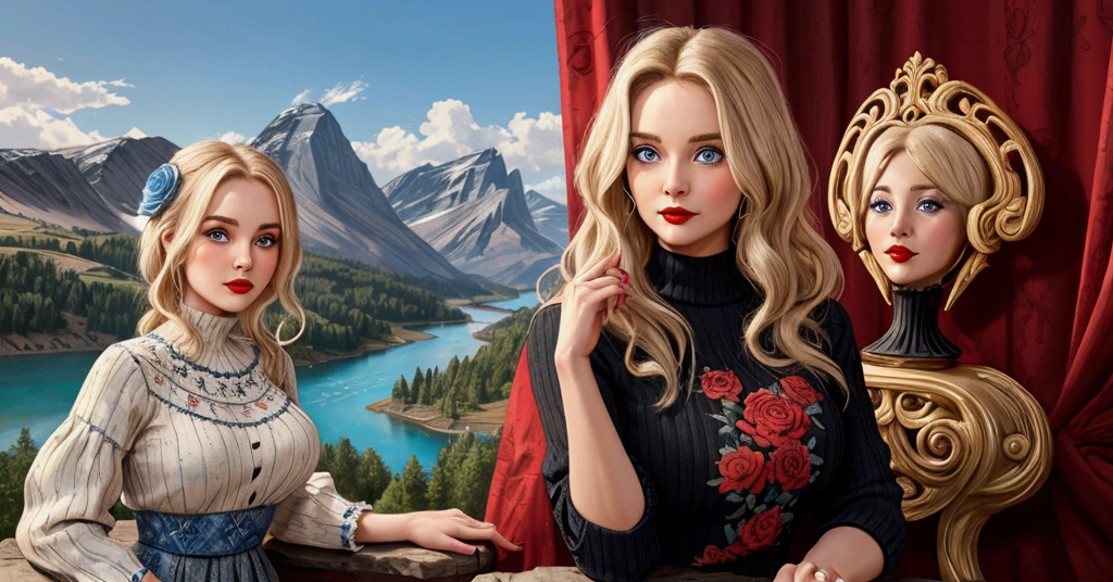 A Blonde Woman With Messy Hair, Pale Skin, & Red Lipstick On A Rock Overlooking A Mountain Valley & Alpine Lake. Wears A Dress With Woodcut Patterns, A Black Knee-Length Pleated Skirt With Blue Embroidery, & A Norwegian Sweater With Rosemaled Designs. Her Face Is Round With Full Features & A Wide Smile, Her Eyes Are Detailed And Wide, & She Poses Dynamically. Digital Painting Is In 4K Ultra HD, Rococo-Inspired Fantasy Art With Intricate Details. She Has A Cute, Charming Expression & A Alluring-Gaze, With Beautiful Blue Eyes & An-Ideal-Hourglass-Figure. Dawn Wells.