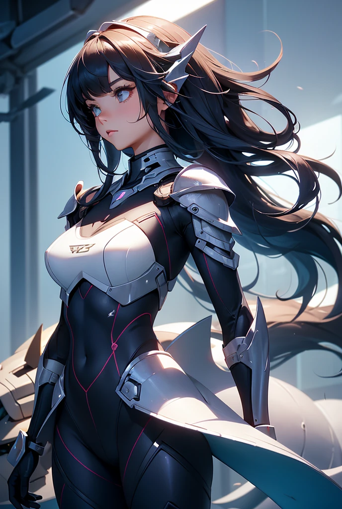 A beautiful girl wearing a high-necked bodysuit that fits snugly up to her neck（20th Generation）Equipped with shark-type robot armor. Rounded shoulder armor. Fin-shaped armor on arms. Long hair and side tail.