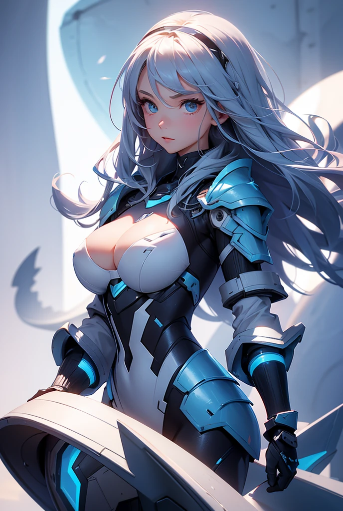 A beautiful girl wearing a high-necked bodysuit that fits snugly up to her neck(20th Generation)Equipped with shark-type robot armor. Rounded shoulder armor. Fin-shaped armor on arms. Long hair and side tail.