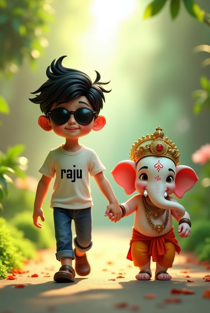 Create a 3D rendered image of a young boy with stylishly messy black hair, wearing sunglasses and a white T-shirt with the name 'RAJU' printed on it. The boy is holding hands and walking with a cute, anthropomorphic version of the Hindu deity Ganesha. Ganesha is depicted with a white, slightly chubby elephant head, adorned with traditional jewelry and a crown. The background is a serene, green, garden-like environment with soft lighting, creating a warm and peaceful atmosphere