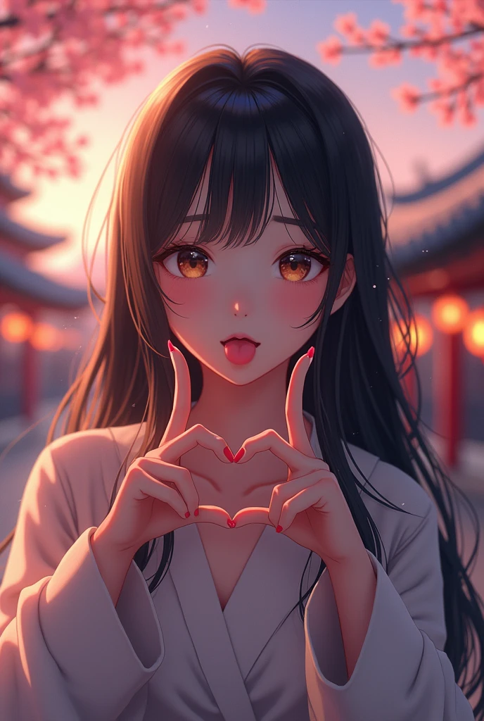 An 8K high-definition cinematic rendering of a romantic anime-style medium scene of a beautiful Korean girl with long, dark hair, she is making the Korean-style heart sign with her fingers and sticking her tongue out in a playful expression, the scenery is romantic and dreamy, with subtle symbols of Korean culture, such as a soft depiction of the roof of a traditional Korean palace, cherry blossoms, and soft lantern lights. The background is blurred and contains a soft depiction of the roof of a traditional Korean palace, cherry blossoms, and soft lantern lights. High Resolution, Masterpiece, Best Quality, Detail, HD Model, High Quality, Super Detail, Ultra HD, Blushing, Laughing, Tongue Out, Smiling, Embarrassed, Slight Smile, Ukiyo-e, 3D Rendering, American Propaganda Poster, Anime Style, Art Nouveau, Cinematic, Photorealism, Portrait Photography, Realism,