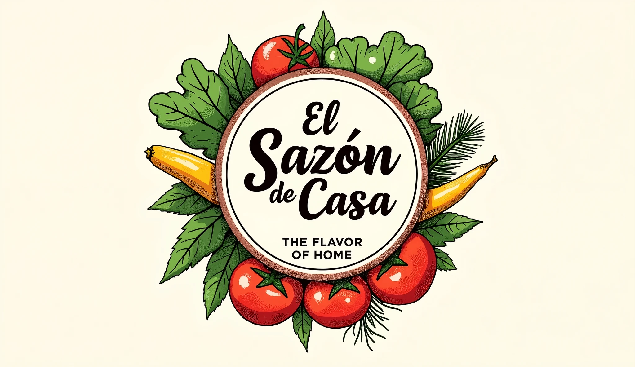 We want a logo for my mom&#39;s kitchen, which is called &quot;El Sazón de Casa&quot;, We want something that projects the idea we have as such, We want the logo to be colorful and to attract the attention of our potential clients., We want something rustic and simple, Put vegetables that represent home-cooked food, around, We want the logo to be circular and minimalist but colorful.