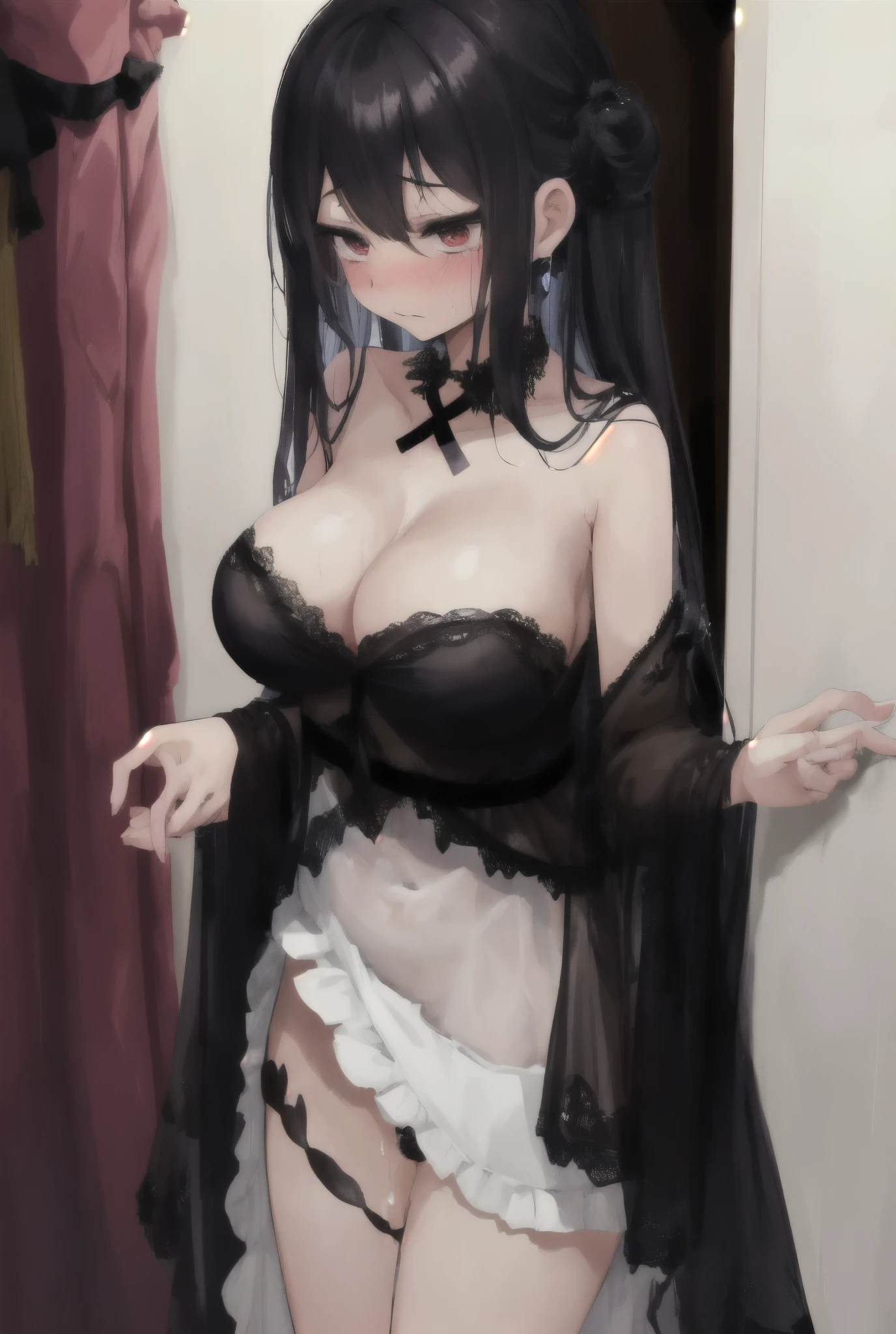 Stepsister coming out of the shower , shy ,emberassed , flustered , dark lighting , anime style, 1 , busty , lewd