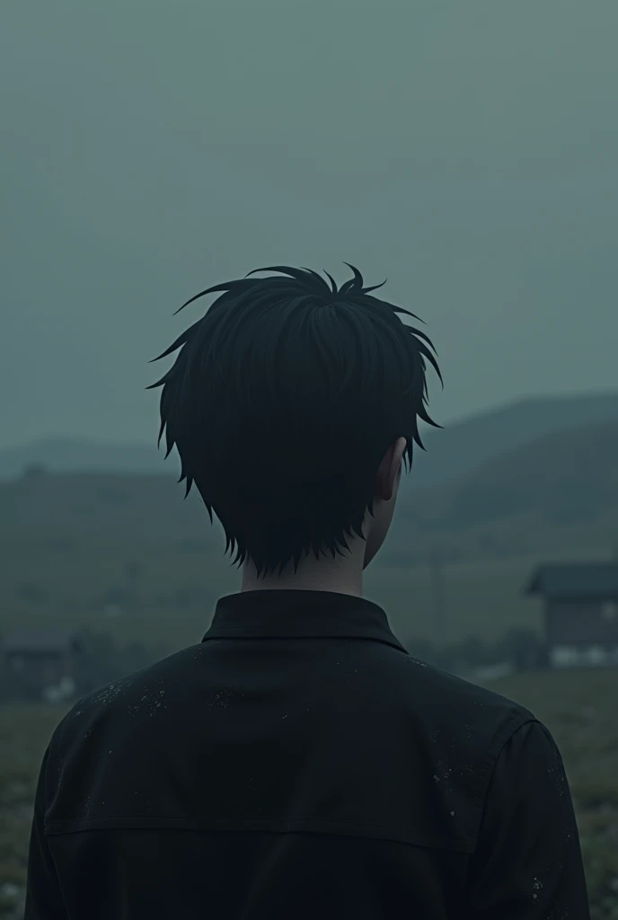 A sad and deep image of someone looking at the horizon remembering the woman he loved. The character that is Jack from the mechanical heart anime version , that only the head can be seen from behind towards the landscape that are in 3D and have a dark or gray tone.