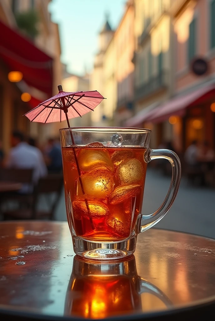 Angular glass cup of liquor with umbrella in it, on the cafe table, next to outside cafe, on the European street, luxurious, ultra realistic