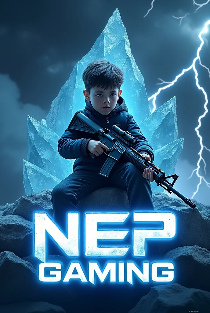 A logo where boy is sitting holding m416 gun in glacier form with Lighting background. Below NEP Gaming with glow effect.