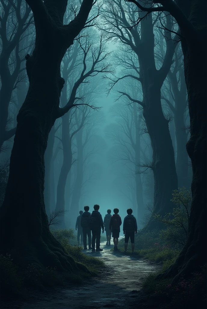 The image shows a winding path leading into a dark forest.. At the beginning of the path there is a group of 6 age boys. The forest seems dense and mysterious, with tall trees and branches that intertwine, which accentuates the gloomy and enigmatic atmosphere of the place.