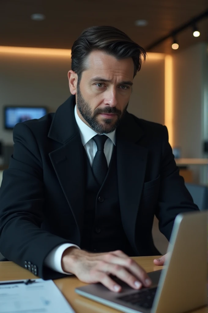 A professional man wearing a black coat, working on laptop