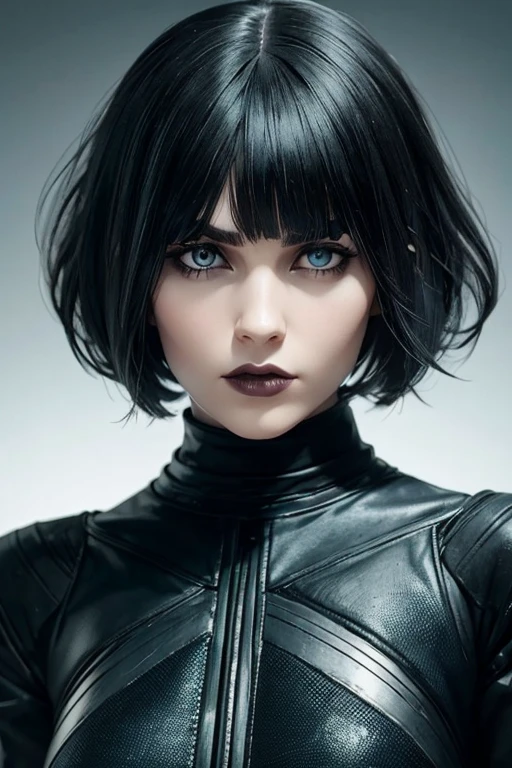 perfect female android, short white hair, Straight Front Fringe covering the forehead up to the eyebrows, Yor Forger style hair, black gothic futuristic outfit with gray details