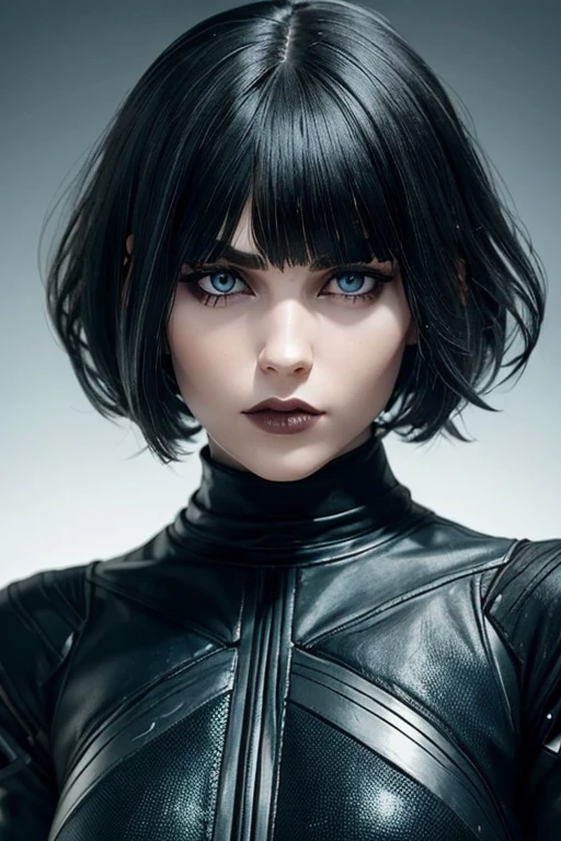 perfect female android, short white hair, Straight Front Fringe covering the forehead up to the eyebrows, Yor Forger style hair, black gothic futuristic outfit with gray details
