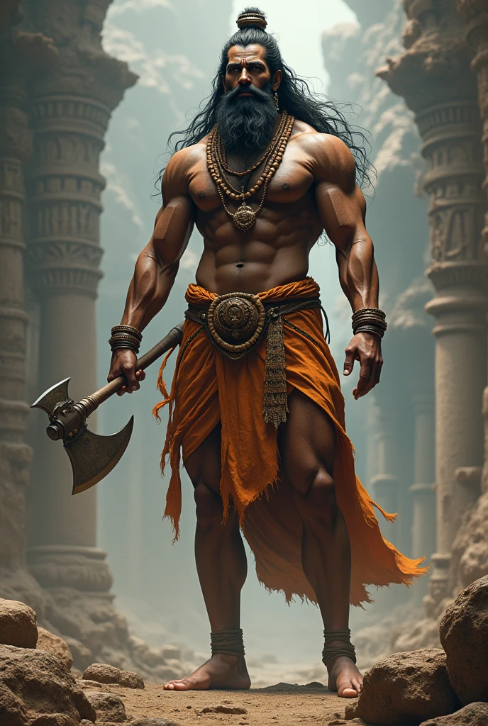 A man with 9 fit height with great musle build 
He is from ancient times. He is a avatar of god. Having two sided axe in one hand and arch in another hand with long hair and beard wearing tiger skin and mardani dhoti having hairstyle like lord shiva and utrasum bead garland in hairs 
