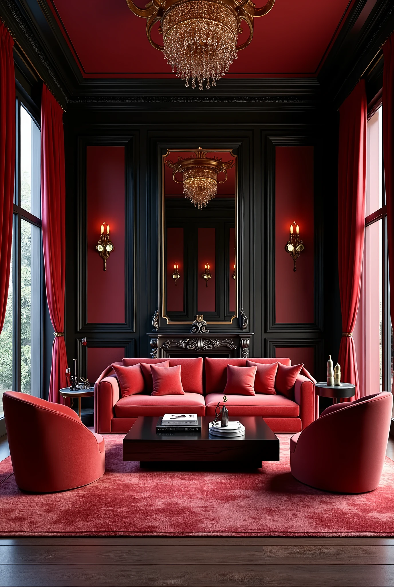 Luxurious and large living room in red and black colors