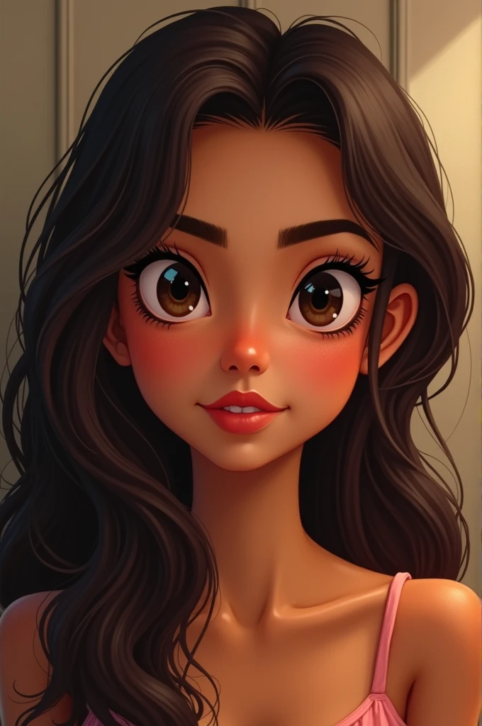 Make a girl with these characteristics - Age: 19 years - Gender: Female - Face: Oval chubby - Skin tone: warm, brown - hair: long, wavy and dark brown - Eyes: big ones, dark, black slanted - Nose: Of average size and shape - Lips: Of a fleshy size - Ethnicity: Latina - Additional Features: natural marks on the face, brunette look - thin outlined eyebrows