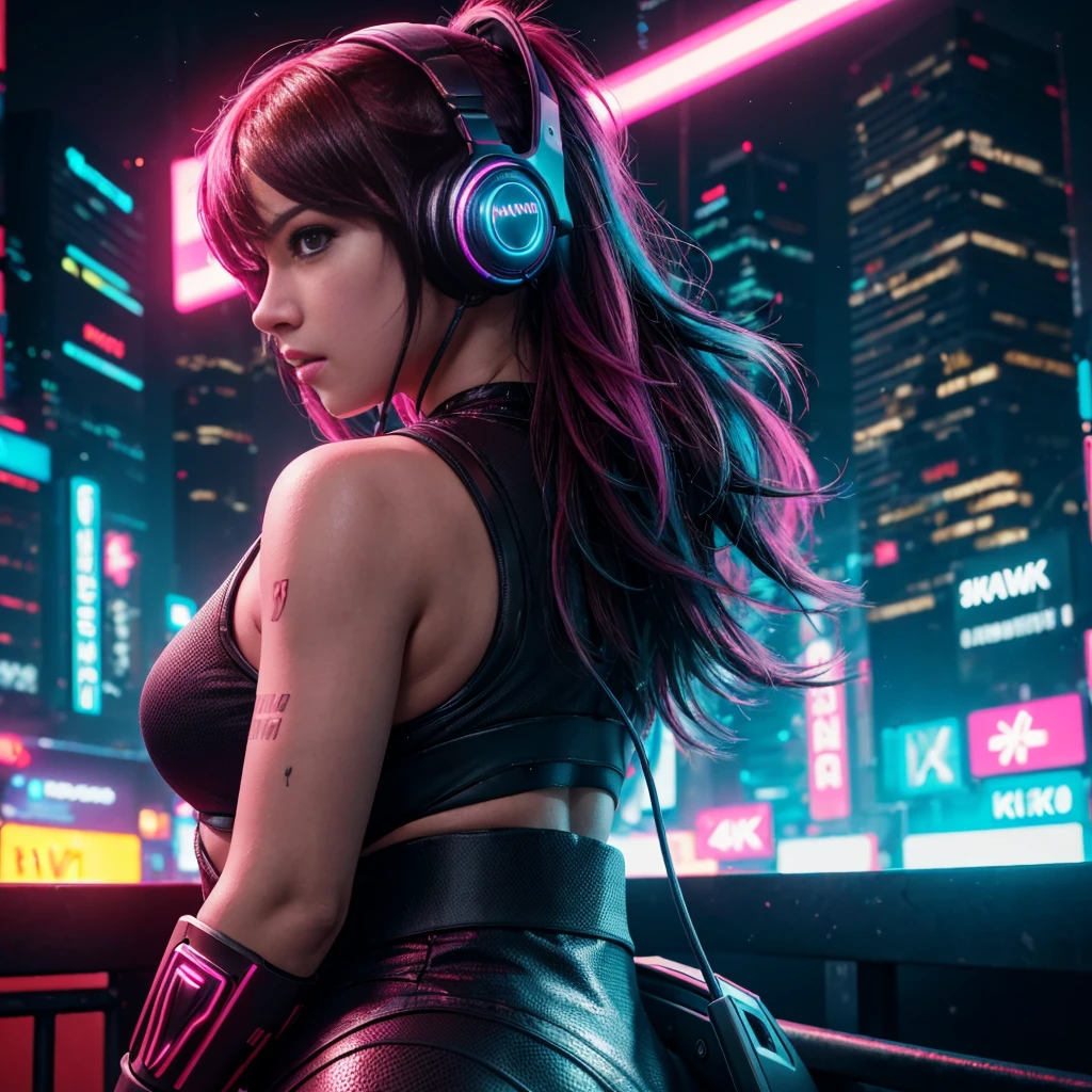 (8k, RAW Photo, Top Quality, Refined Details, Masterpiece: 1.2), (High Resolution 8k Wallpaper), Sharp Focus, Professional Lighting, Depth of Field, Cinematic Lighting, Background Blur,Cyberpunk-themed female gamer wearing high-tech headphones, neon cityscape background, vibrant colors, focused expression,profile