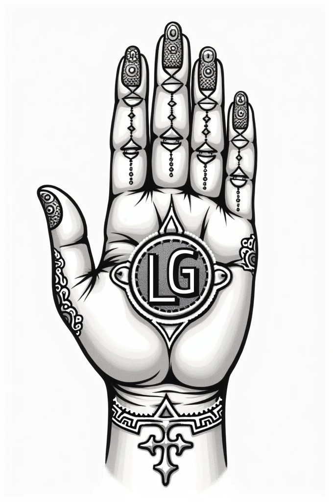 Imagine a hamsa hand, which is a figure with five fingers, often adorned with decorative details. In the center of the palm, could you include the lyrics "LG" in a style that complements the design. You can opt for an elegant or stylish font for the letters., and add additional details such as geometric patterns or symbols to better integrate the letters into the design.