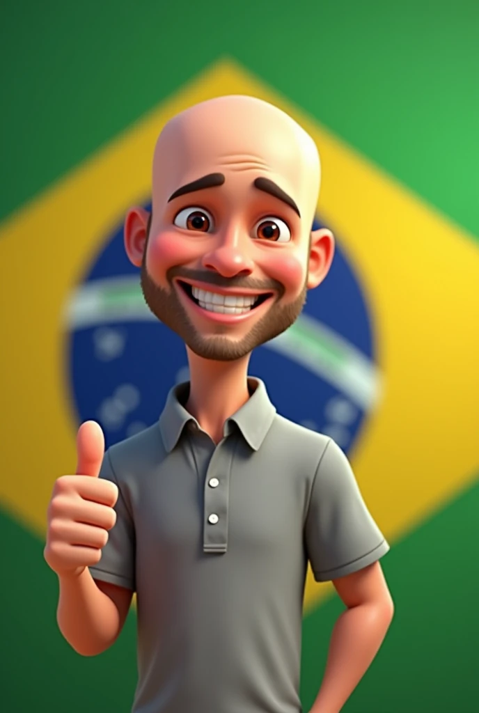 Create an animation style image of sandpaper with a bald man smiling, showing his thumb up with the Brazilian flag in the background and wearing a gray collared shirt with 8 implants written in green in the right corner