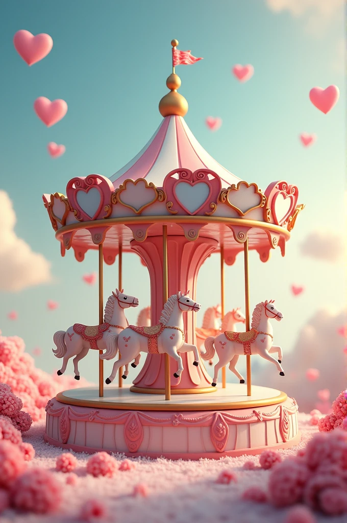 Carousel in the center of the image, hearts in the background