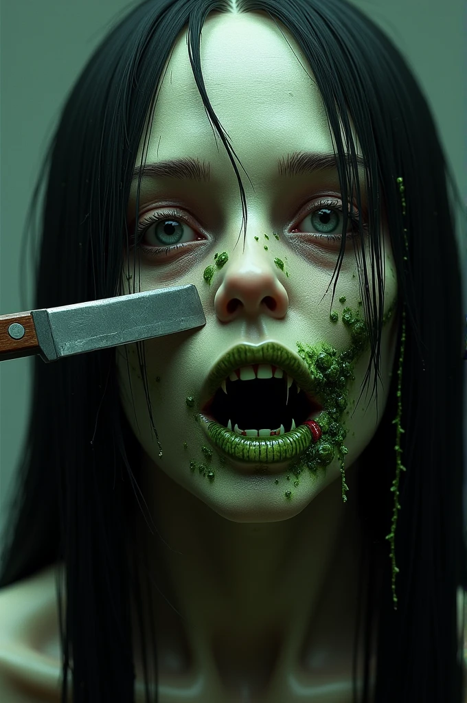 Generate a chaotic, expressionistic portrait using dark hues. young zombie gothic woman of 2 with half of her face rotted with green cream, you can see the bones and a machete enters the corner of the head and exits the corner of the chin, pieces of human flesh, worms crawling on her face,, the bones showing with long straight black hair, ray tracing, jpeg artifacts, multiple views, UHD, masterpiece, accurate, textured skin, high details, award winning, highres, 16k, best quality