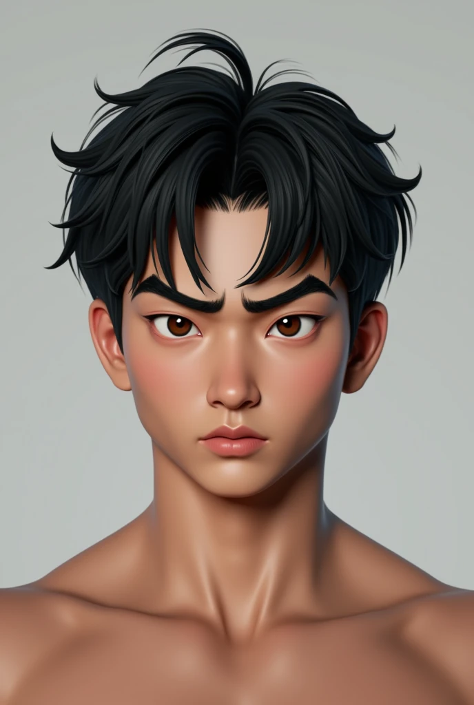 teenage boy, around 2, Brown skin, black hair is a bit messy, hair a bit long and a bit smooth, korean hairstyle, light brown eyes, adult male body, broad chest, but not too broad, strong arms, handsome and somewhat fierce face, fierce, but implied a calm and responsible figure, thick black eyebrows, jaw shape is quite firm, aquiline nose shape but small nasal bone, slightly thin lips, symmetrical face, 3d realistic human