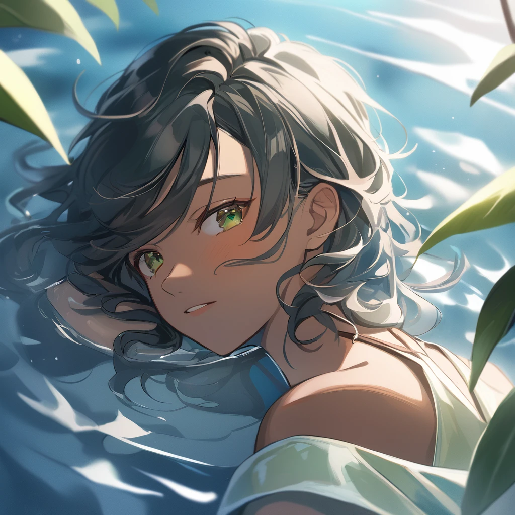 genshin impact art, bust and face image in focus, perfect image, maximum quality, detailed, male, young boy, short and curly hair, black hair, brown skin, green eyes, green clothes, lying on the water 