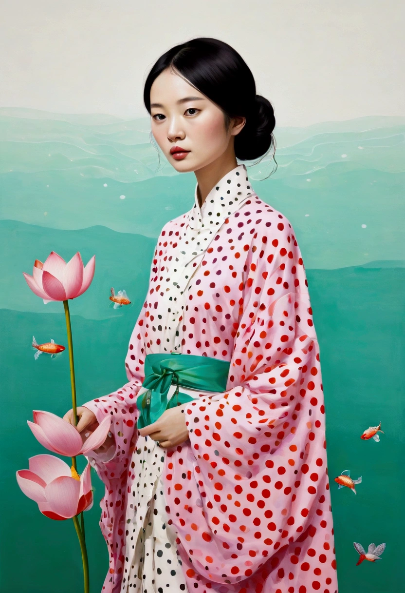 New Gongbi,illustration,Chen Jialing,Wu Guanzhong,Yayoi Kusama,Polka dot art,2 lotus flowers,kingfisher,Small fish in water,Glass candy wrapper,National style colors,Fluorescent Green,pink,The color is light,Lots of white space,Master Composition