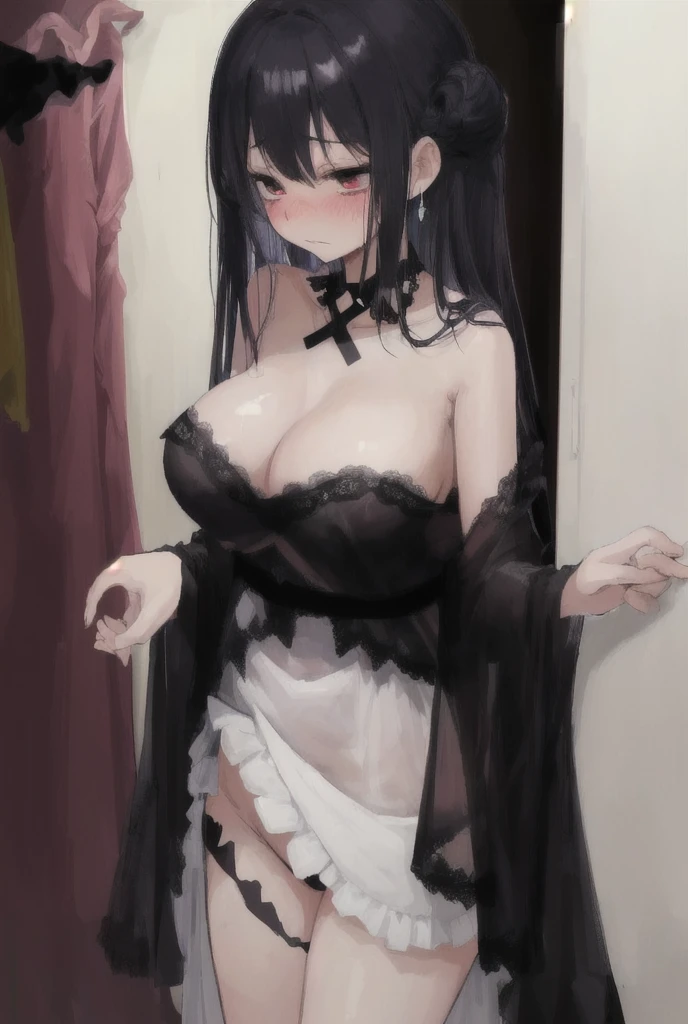 Stepsister coming out of the shower , shy ,emberassed , flustered , dark lighting , anime style, 1 , busty , lewd , shoulderless , thong