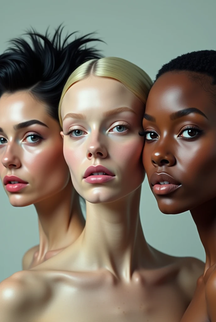 Three women, one white with black hair, another white with blonde hair and one black with very short hair, all of them have extremely exaggerated plastic surgery on their faces.