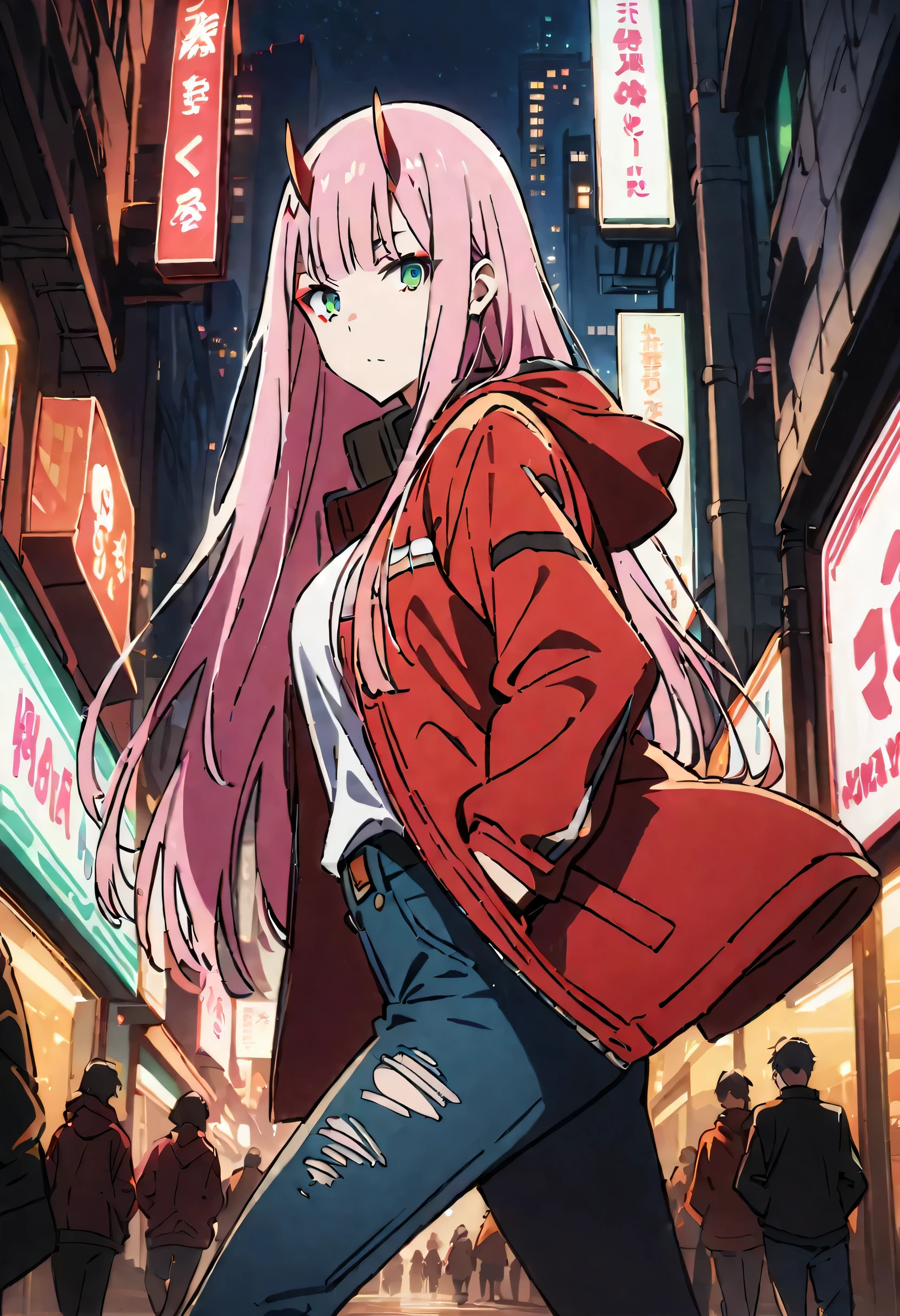 ((best quality)),((highly detailed)),masterpiece,absurdres,detailed face,beautiful face,((detailed eyes, deep eyes)),(1girl),((dynamic pose)), Zero_Two, green eyes, pink hair, horns, bangs, straight hair, closed mouth, medium breasts, shiny hair, makeup, oni horns, eyeshadow, very long hair, blunt bangs, jacket, walking, at night, (eyes looking away from the viewer:1.3, looking away from viewer:1.3), ripped jeans, hands in pocket, nighttime, city streets, neon signs, crowd behind,
