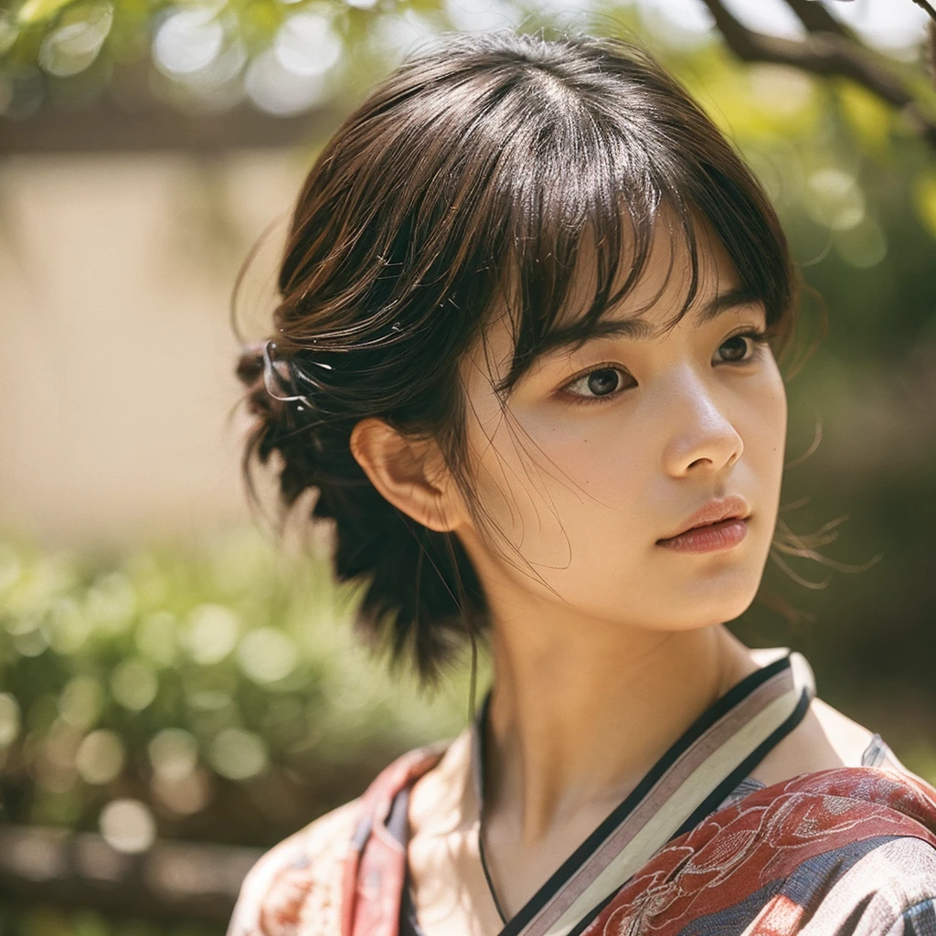 A hyper-realistic image of a single Japanese woman in her early 20s, captured from the shoulders up with the nostalgic warmth and subtle graininess of a film camera. She is wearing a traditional yukata with a vibrant, cute design featuring bold and colorful floral patterns such as cherry blossoms and peonies in shades of pink, red, and lavender, set against a soft pastel background. The obi is elegantly tied with a complementary color, adding a playful touch. The fabric of the yukata appears naturally lightweight, with visible folds and textures that enhance its realism, draping gracefully over her shoulders. Her skin, seen clearly from the shoulders up, has a warm beige tone with a highly realistic, slightly rough texture, showcasing visible pores, fine lines, and minor blemishes, along with subtle unevenness, such as delicate dryness around the cheeks and small natural shadows under the eyes. The lighting is soft and subdued, replicating the gentle, diffused natural light of an overcast day or early evening, creating realistic shadows across her face. These shadows subtly contour her cheekbones, nose, and jawline, adding depth and dimension to her facial features, enhancing the lifelike quality of her skin texture. Her straight, glossy black hair frames her face naturally, slightly tousled, adding to the authenticity of her look. Her deep brown eyes reflect the ambient light, providing depth and a natural, lifelike shine. The film camera effect introduces a noticeable grain and a soft focus, giving the image a warm, nostalgic atmosphere while maintaining the raw, lifelike quality of her skin. The composition is centered solely on her, capturing her serene and understated elegance, focusing closely on the detailed textures of the yukata and the authentic, natural skin texture, with dynamic lighting and shadow play that mimics a real-life photograph.