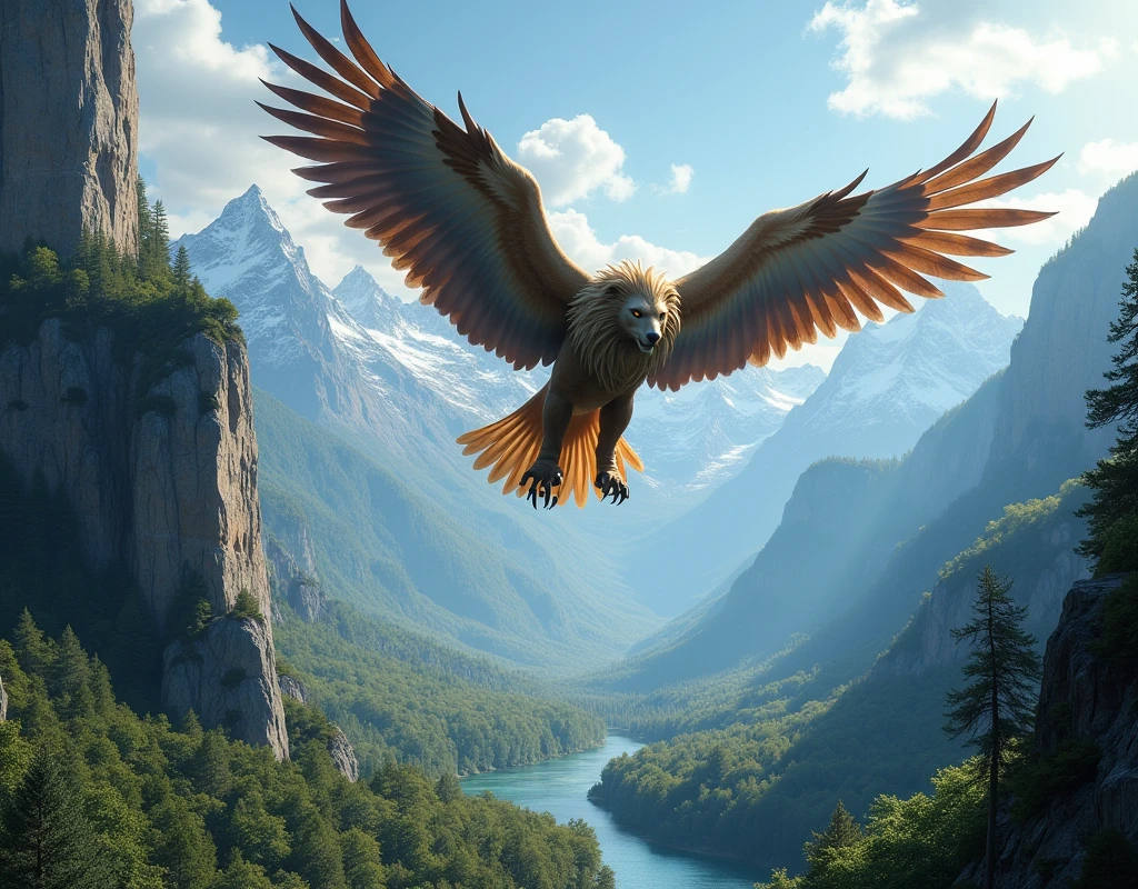 masterpiece、 Highest quality, Highly detailed、8k、 High resolution, Fantasy、scenery、forest、Distant mountain ranges、valley、cliff、cliffから見下ろす幻想生物、(eagle+lion)、A close-up look at fantasy creatures、