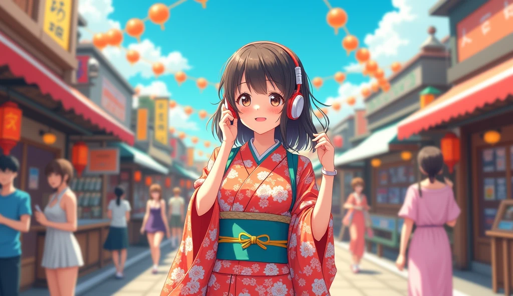 Perfect image, 8k、summer、high school girl、yukata、looks fun、smile、Using headphones、festival、stall、 2D-style animation, Lo-Fi、Retro、Emotional、Anime style illustrations