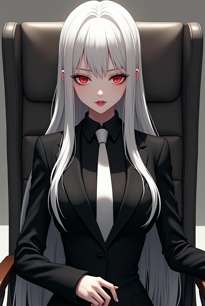 Anime a woman with long white hair red albino eyes pale skin red lips wearing a black suit with a white tie thin face breasts more or less. sitting in a chair in her office with a cold look, a woman sitting on her way back