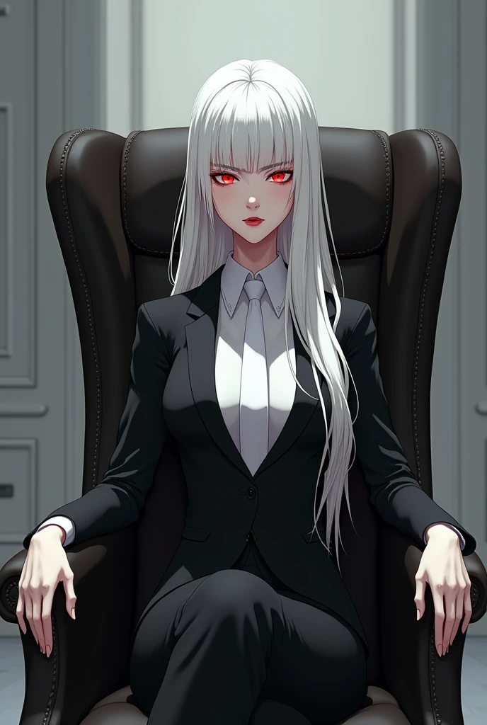 Anime a woman with long white hair red albino eyes pale skin red lips wearing a black suit with a white tie thin face breasts more or less. sitting in a chair in her office with a cold look,  a woman sitting on her way back 